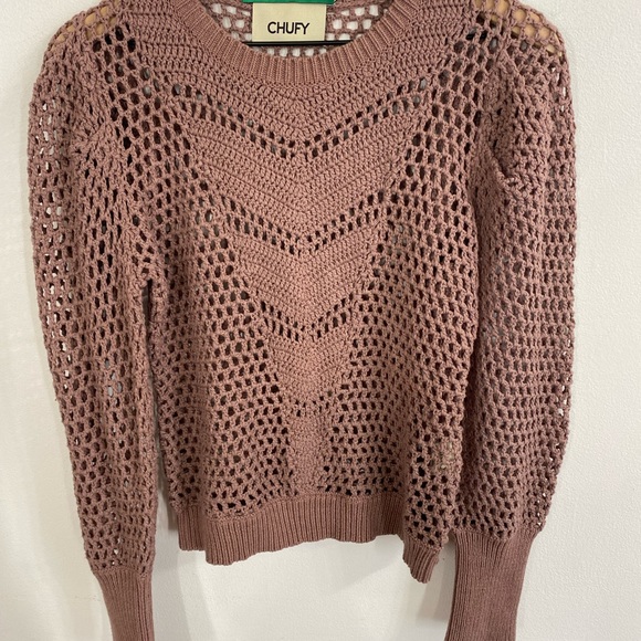 Chufy Gone Jammin Mauve Open Knit Puff Shoulder Sweater - Picture 5 of 5